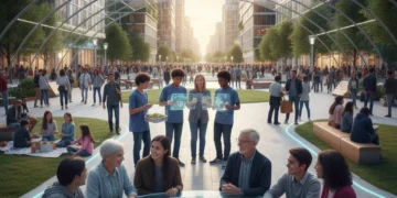 2026 American Cultural Shifts: Emerging Norms & Trends Explored Diverse Americans engaging in a futuristic park, representing 2026 cultural evolution.