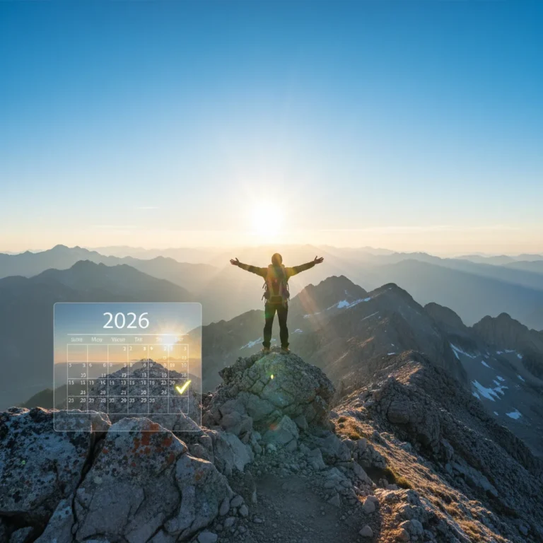 Person on mountain peak overlooking 2026, symbolizing successful goal achievement.