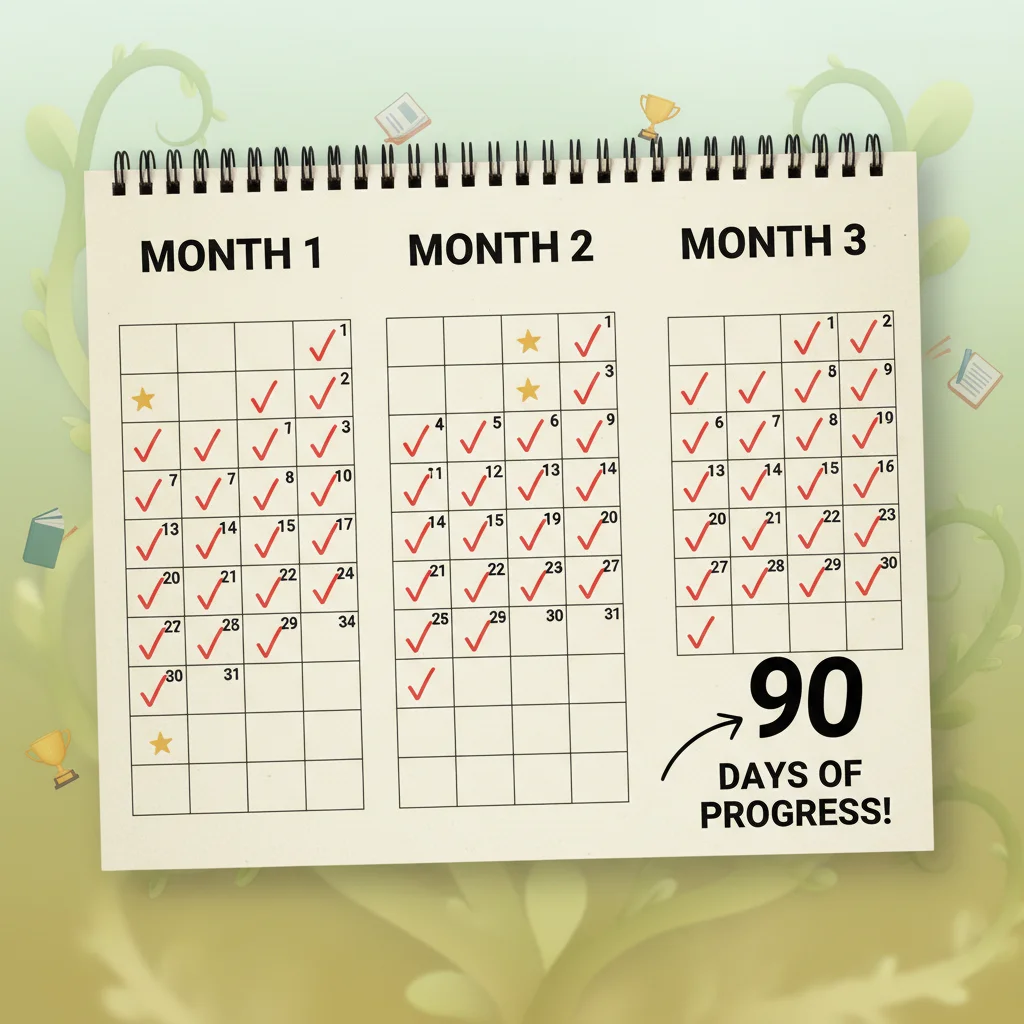 90-day calendar with progress marks, symbolizing consistent daily practice.
