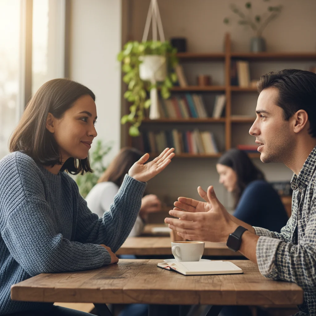 Engaged listening and eye contact in a casual American conversation