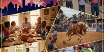 Diverse American cultural celebrations collage with fireworks, family, music, and parades.