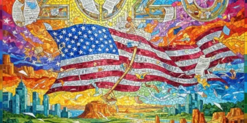 Colorful mosaic symbolizing evolving American identity through cultural policy shifts in 2026.