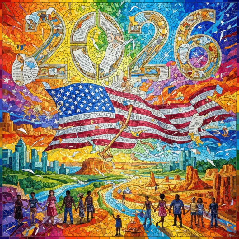 Colorful mosaic symbolizing evolving American identity through cultural policy shifts in 2026.