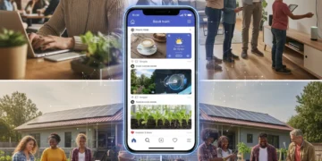 Collage depicting modern American cultural shifts: remote work, digital consumption, smart homes, and community engagement.
