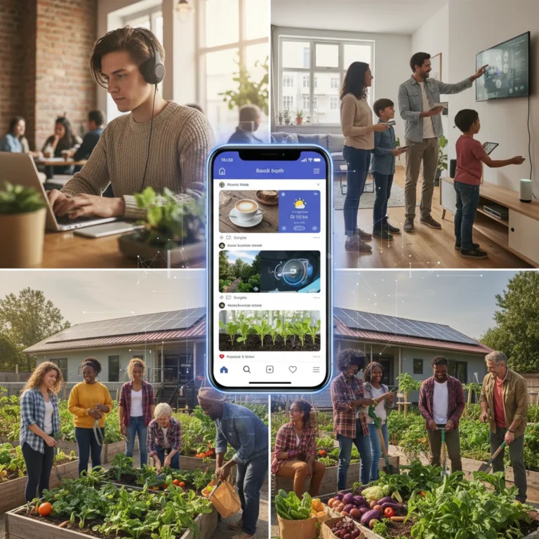 Collage depicting modern American cultural shifts: remote work, digital consumption, smart homes, and community engagement.