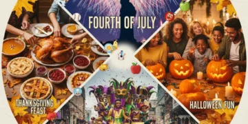 Diverse American cultural traditions collage, celebrating holidays and seasonal events.