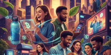 Dynamic collage showing American lifestyle trends 2026: technology, convenience, sustainability.
