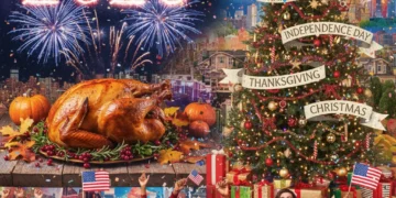 Collage of American holidays and celebrations for 2026, showing diverse cultural events.