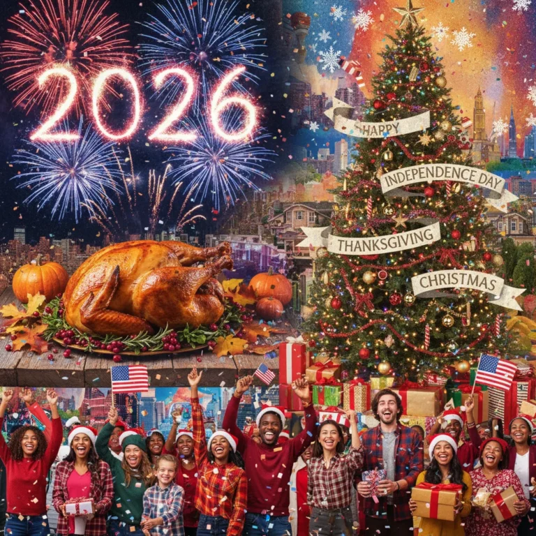 Collage of American holidays and celebrations for 2026, showing diverse cultural events.
