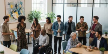 Diverse group engaging in polite conversation, representing American social etiquette