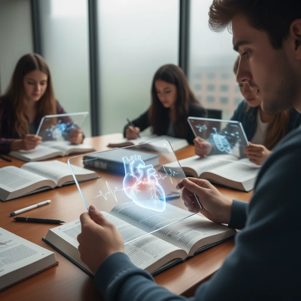 Student using a tablet with augmented reality to view an interactive 3D model of a human heart from a textbook.