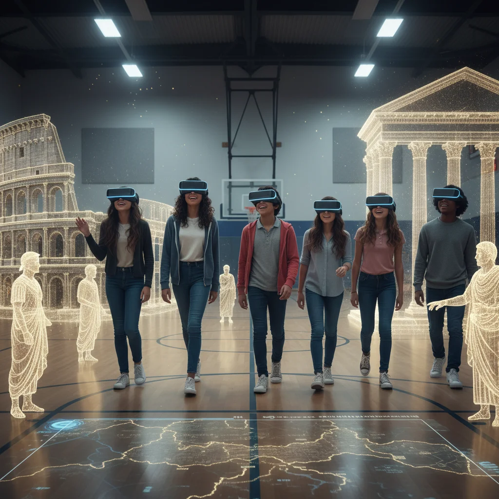 High school students on a virtual field trip to ancient Roman ruins using augmented reality headsets in a school gym.