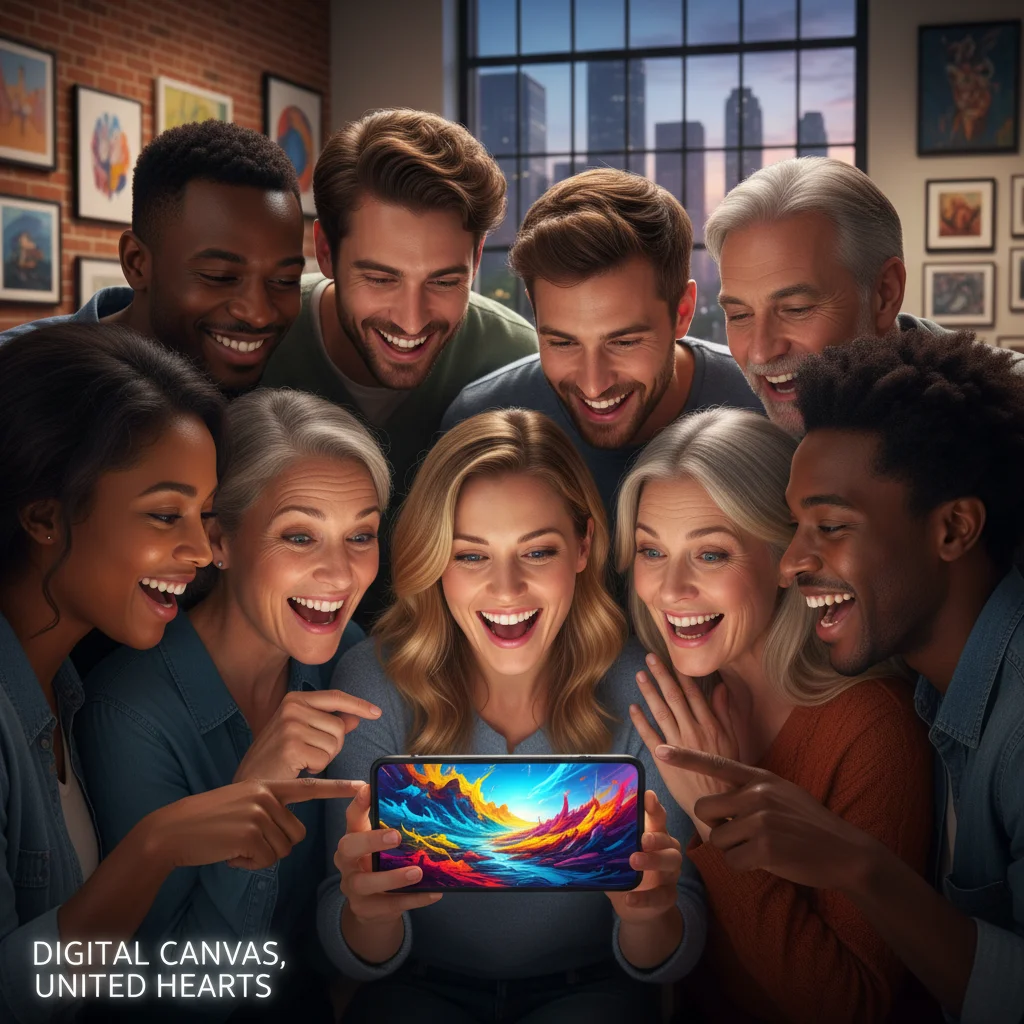 Art enthusiasts engaging with digital art on phone