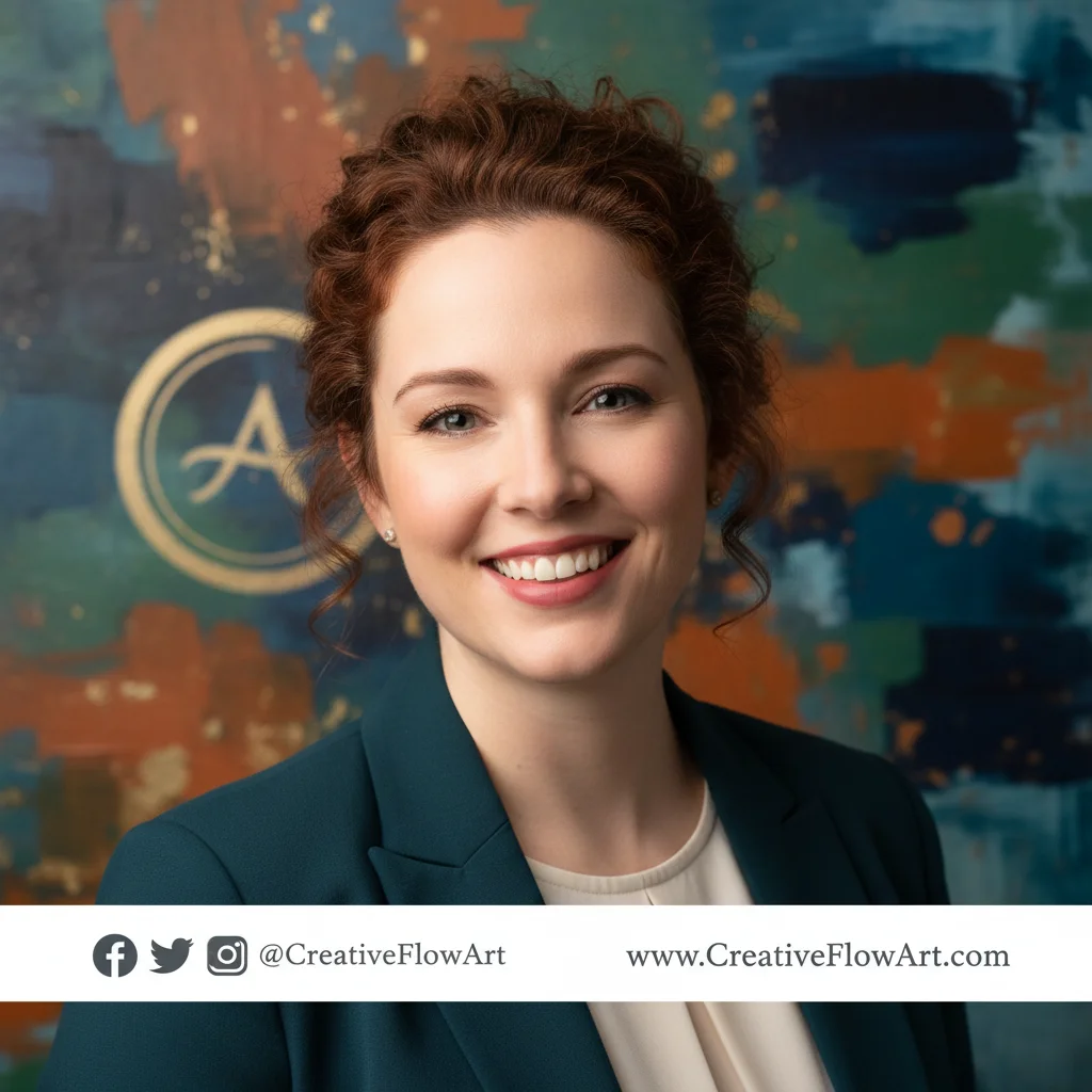 Artist's professional headshot with integrated branding and social media icons, highlighting digital presence.