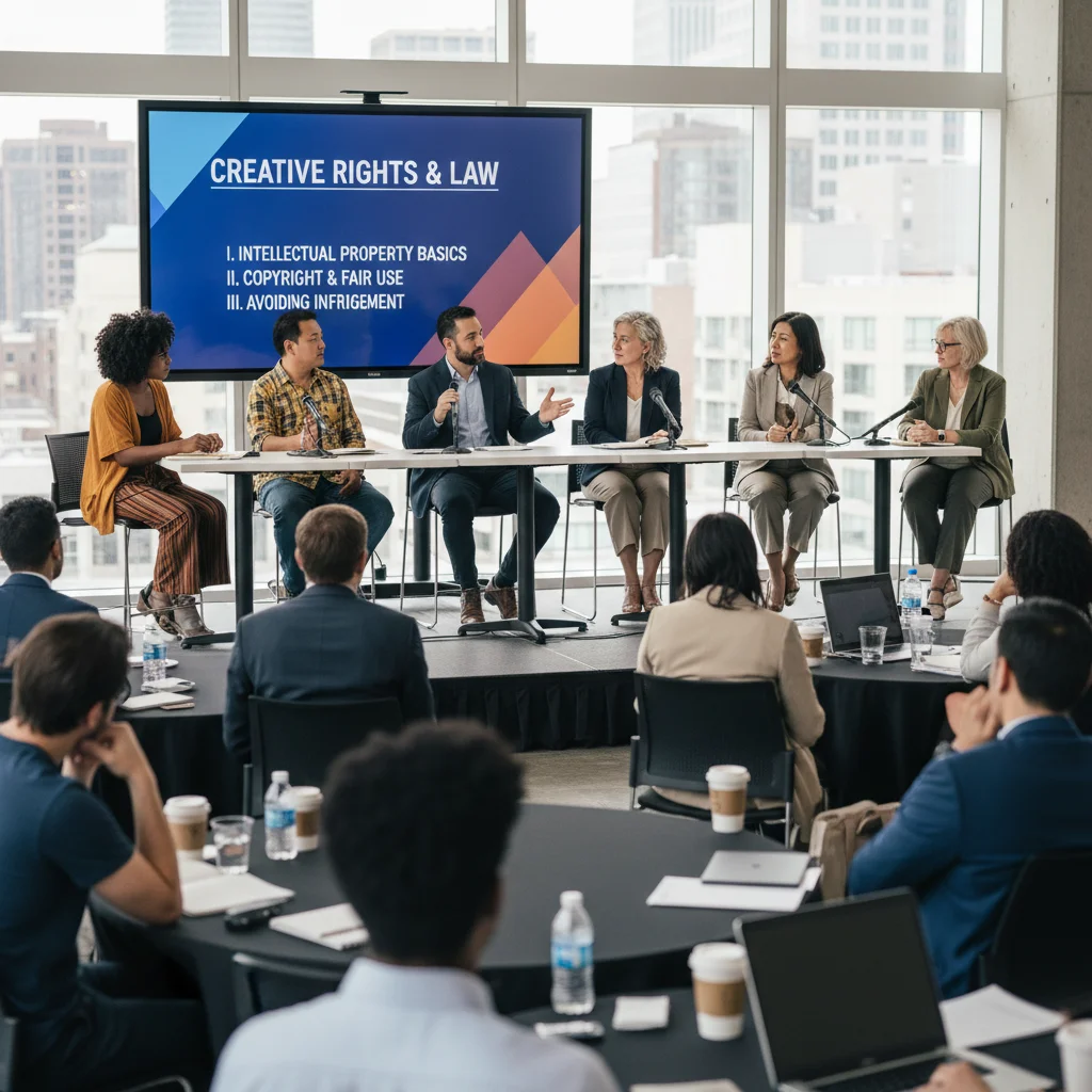 Panel discussion on intellectual property and artist rights with diverse participants.