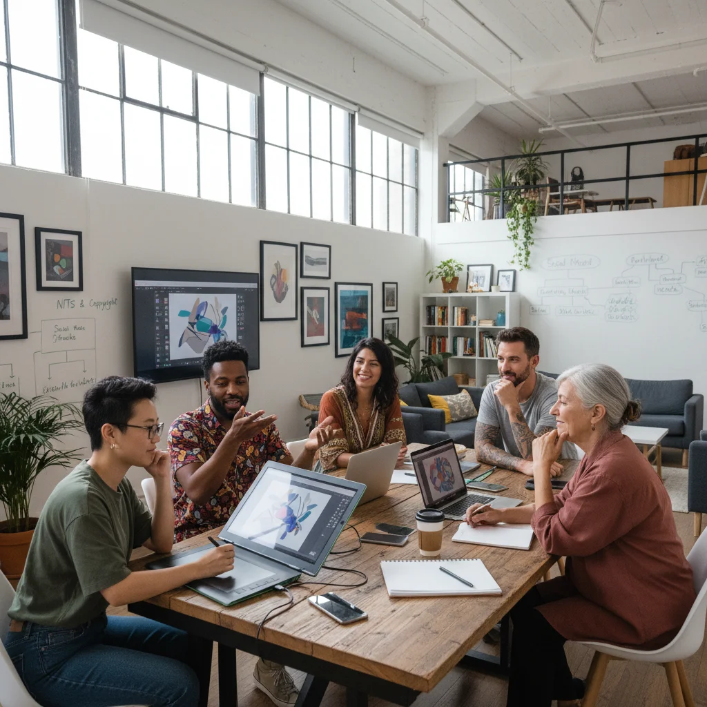 Artists collaborating and sharing strategies to improve their online presence and reach.