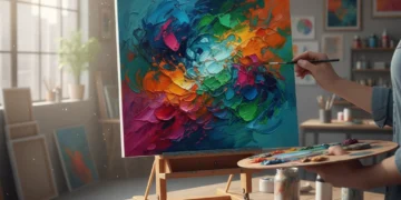 Artist calculating artwork prices with data analysis on a tablet in a studio setting.