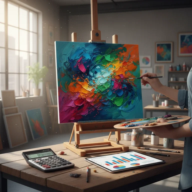 Artist calculating artwork prices with data analysis on a tablet in a studio setting.