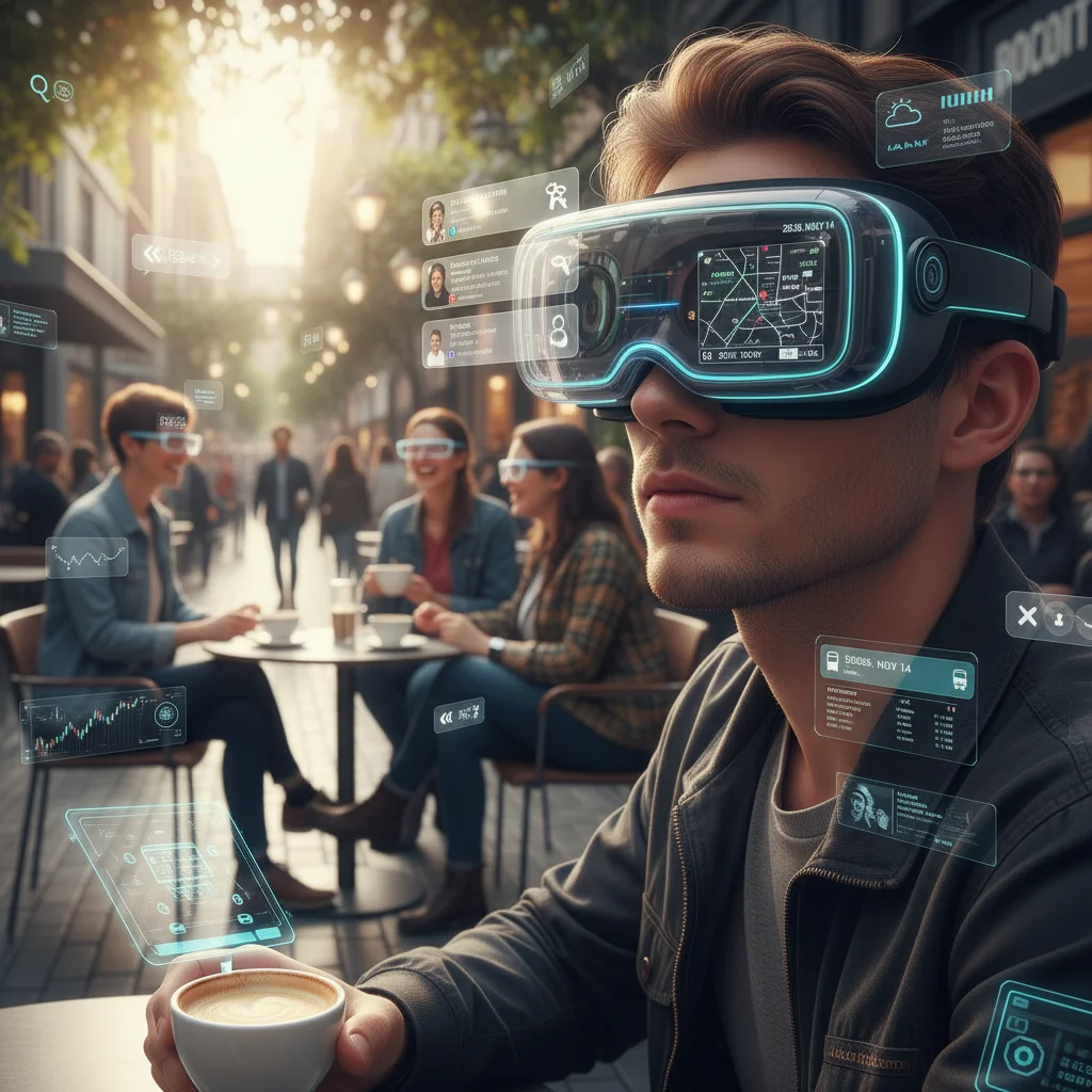 Person using augmented reality headset, depicting 2026 tech integration.