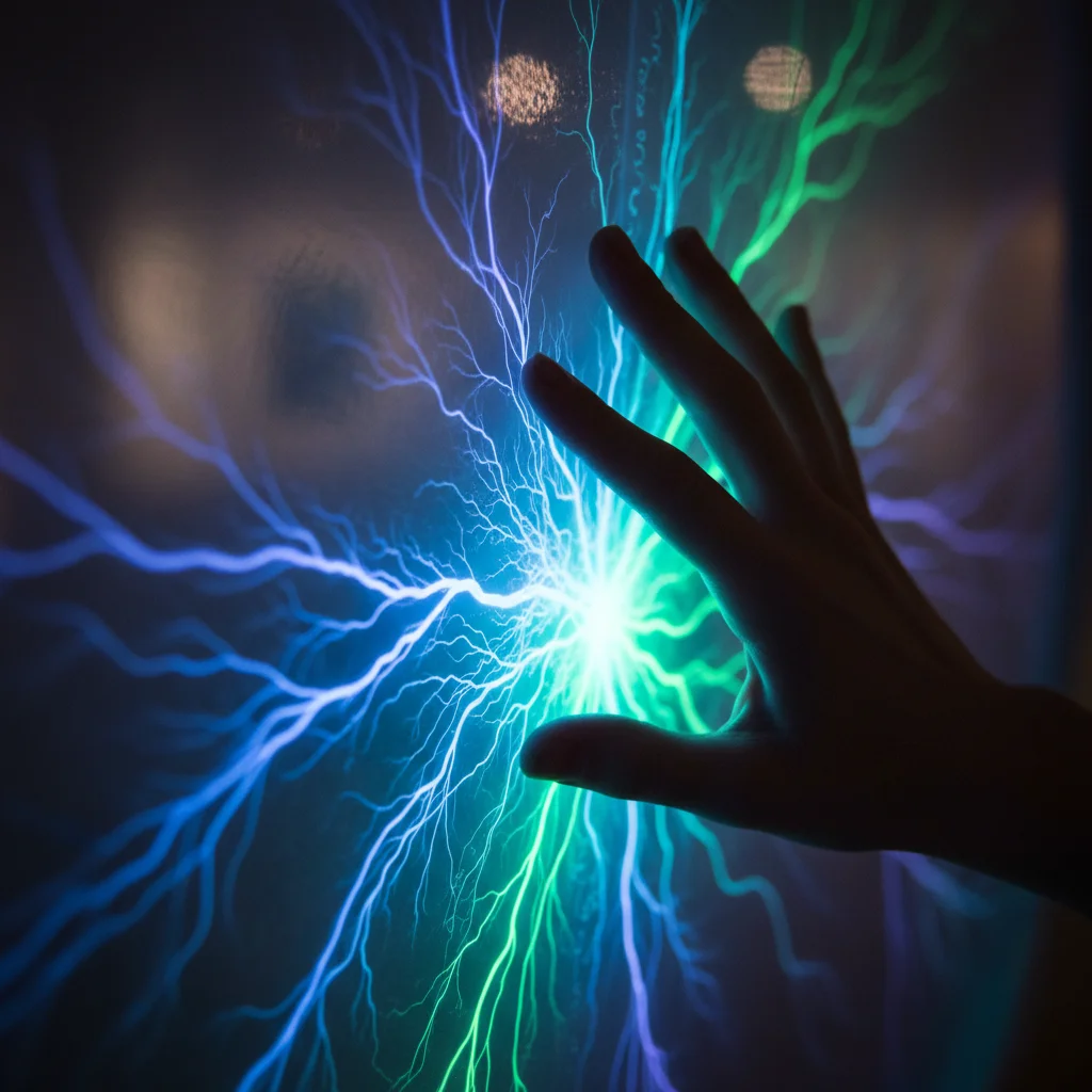 Close-up of a bio-luminescent interactive art piece responding to human touch.