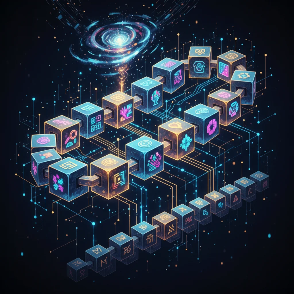 Blockchain technology visually representing secure, decentralized record-keeping for digital art.