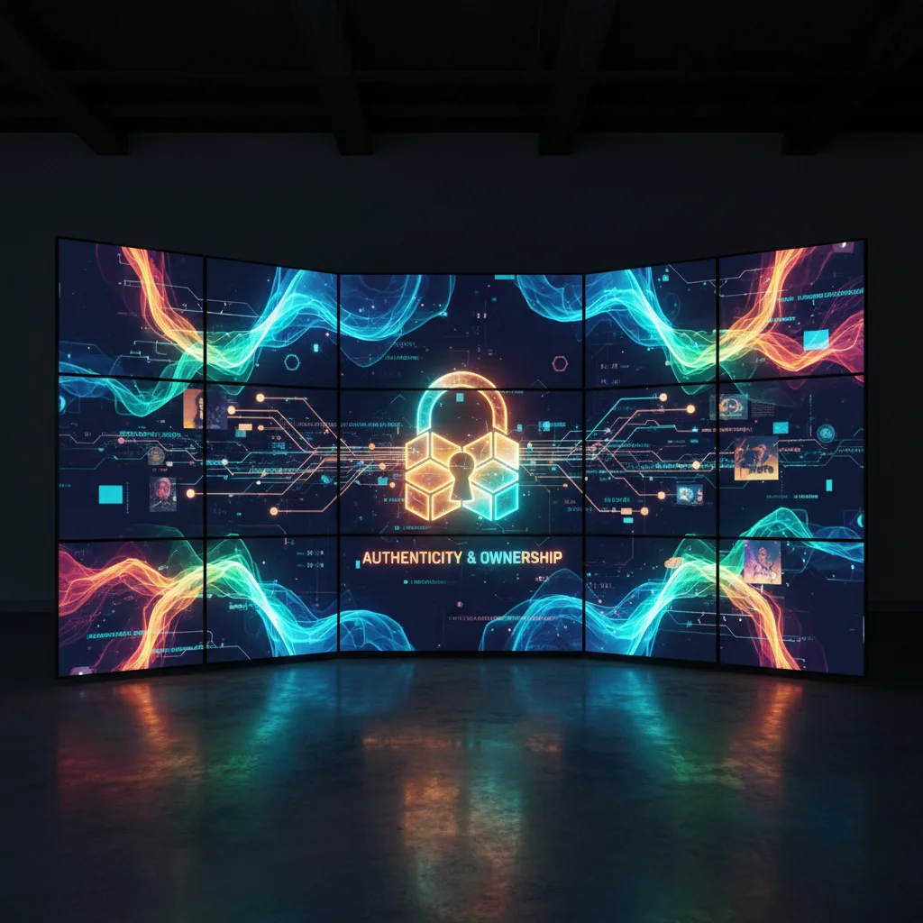 Digital artwork secured by blockchain technology, showing authenticity and ownership.