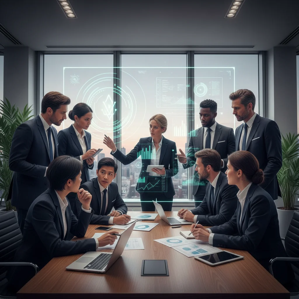 Business professionals discussing quantum algorithms and strategic planning in a modern conference room.