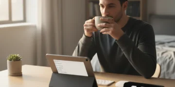Person calmly starting a productive day with a 5-minute morning ritual.