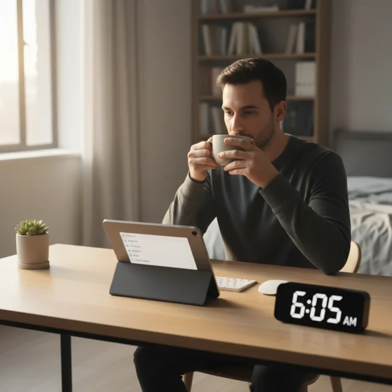 Person calmly starting a productive day with a 5-minute morning ritual.