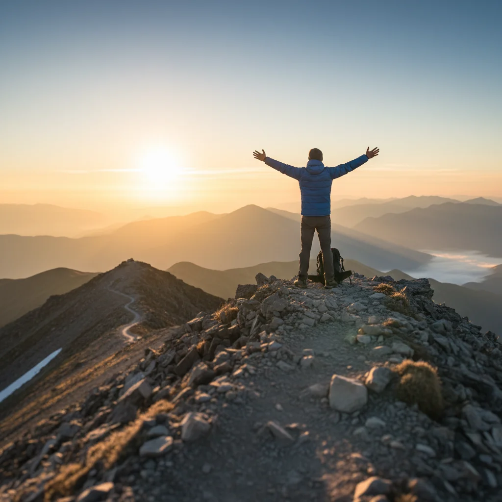 Person standing confidently on a mountain top, celebrating accomplishments and looking towards the future