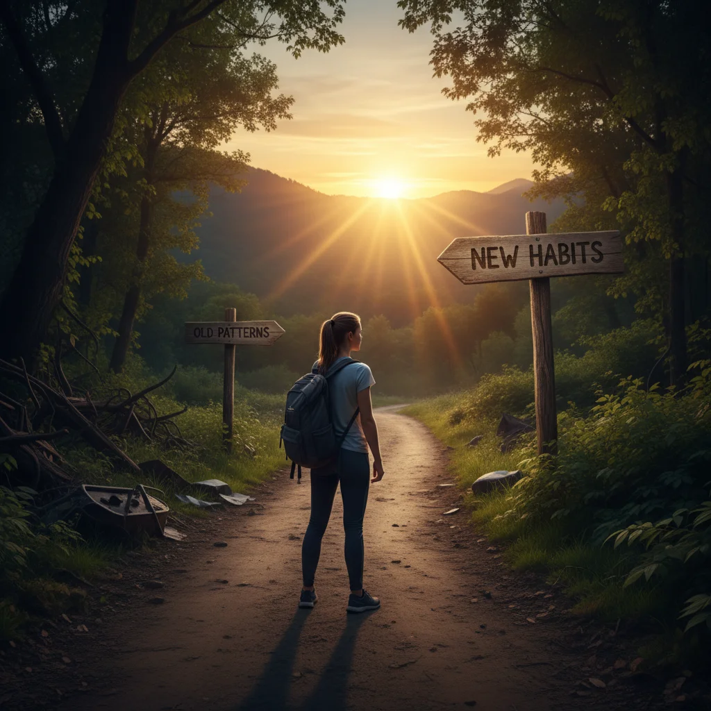 Person choosing new habits path at a crossroads with a rising sun.