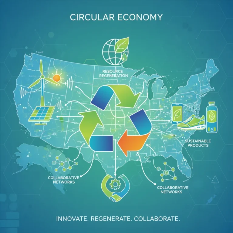 Circular economy concept with interconnected elements and US map