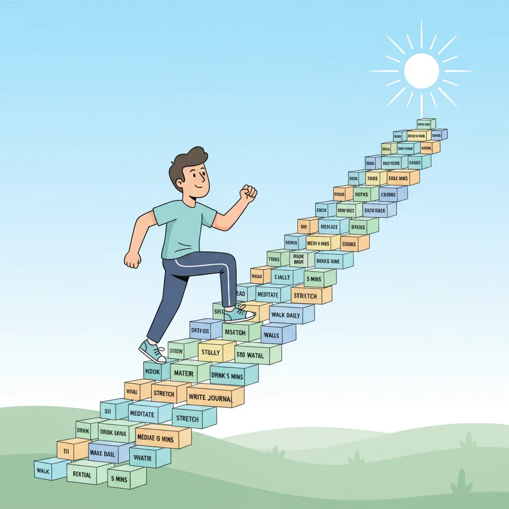 Person climbing staircase of micro-habits, symbolizing consistent progress