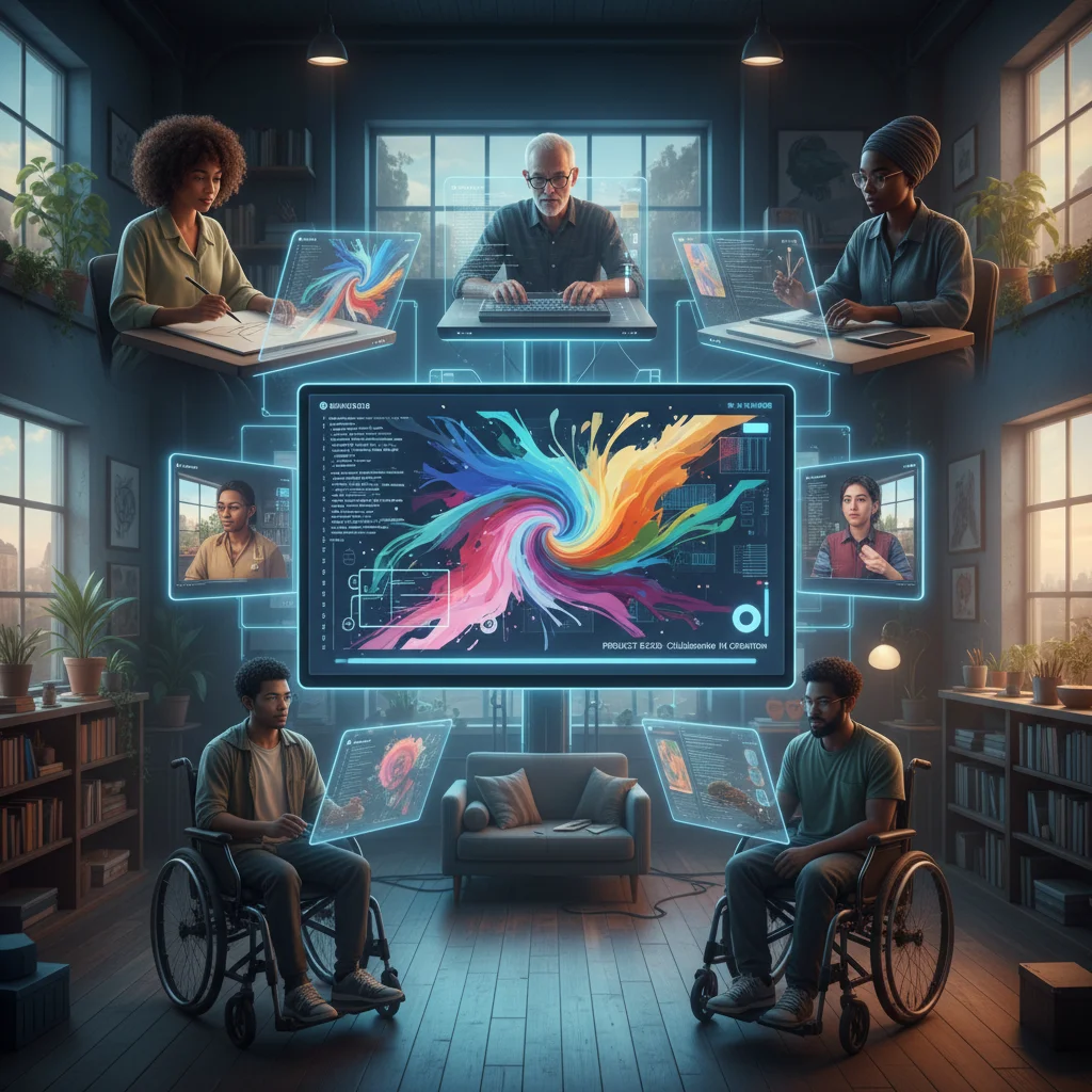 Artists collaborating on a shared AI art project remotely