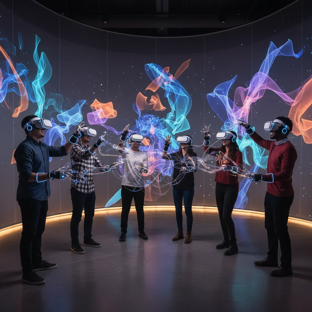 People engaging in a collaborative virtual reality art creation experience.