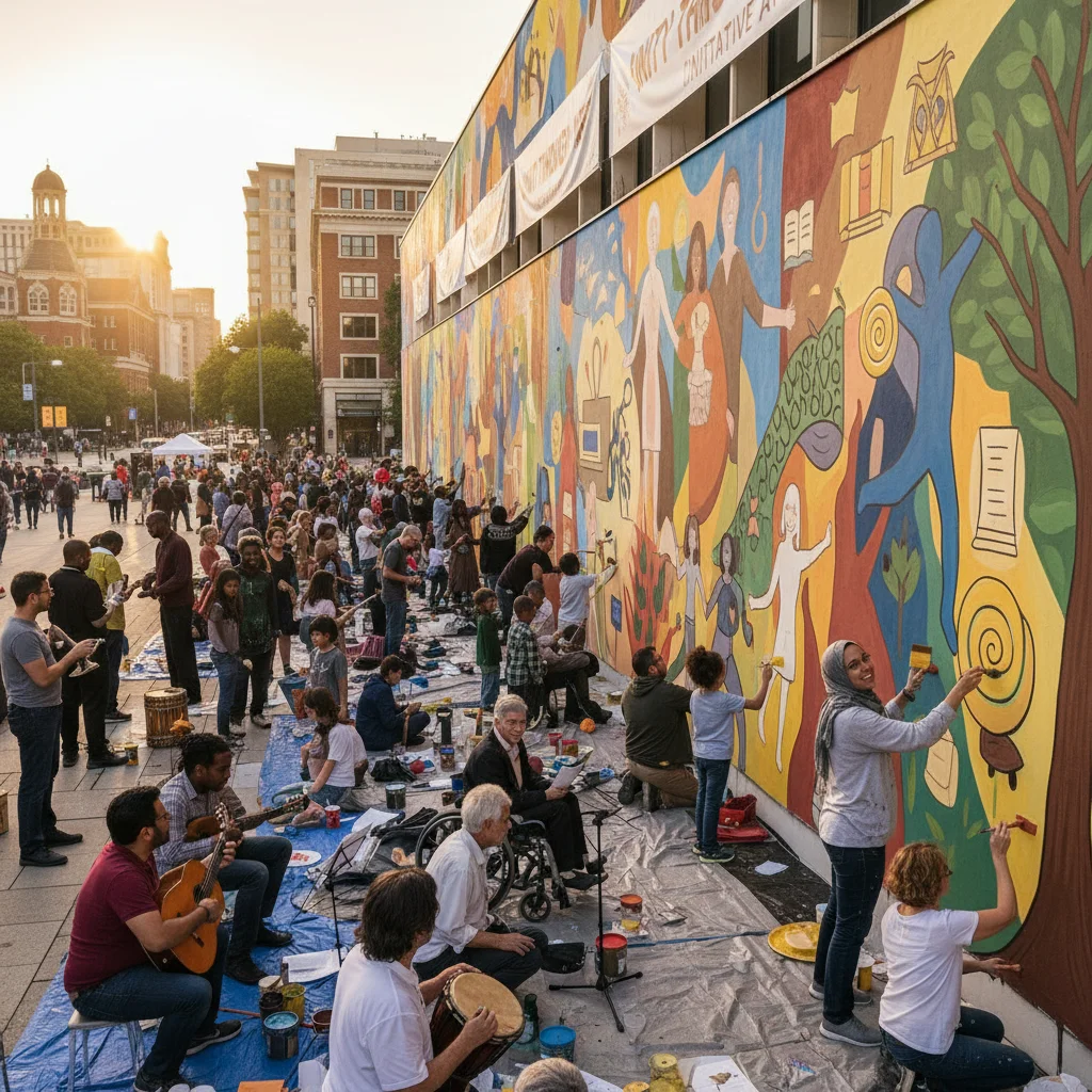 Diverse community members collaborating on a vibrant mural, showcasing the positive impact of cultural policies.