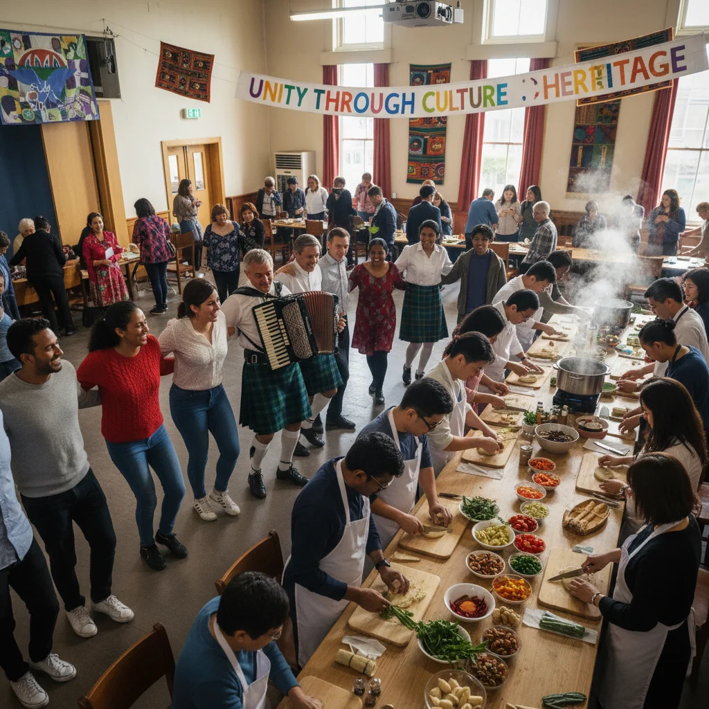 Community members from diverse backgrounds participating in a hands-on cultural activity.