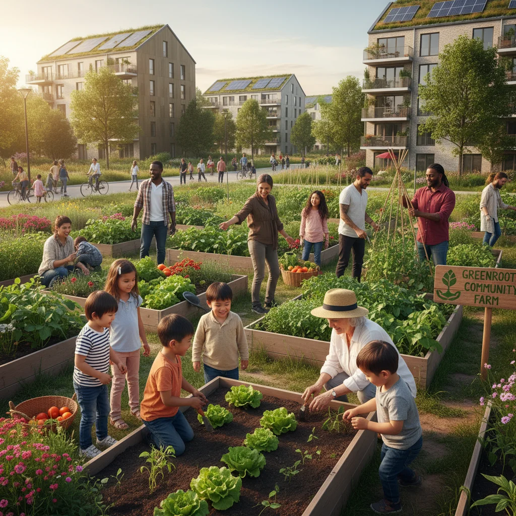 Diverse community members collaborating in a vibrant urban garden, symbolizing strong local ties and shared values.
