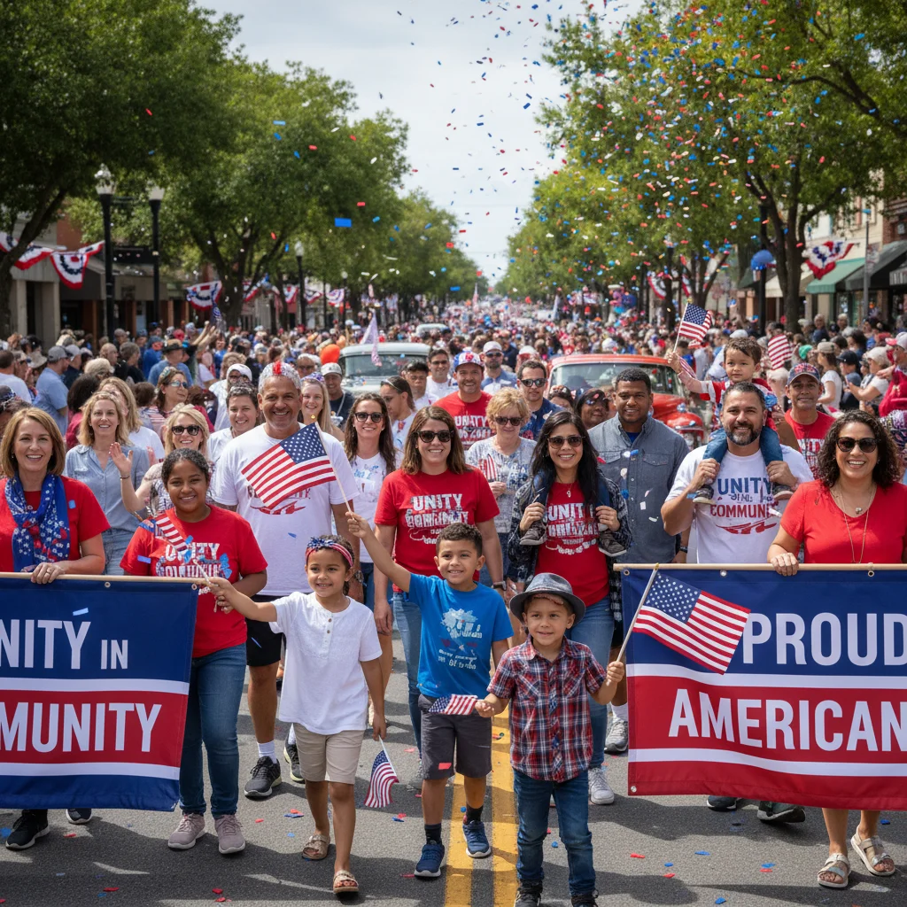 Community parade celebrating a national American observance with flags.