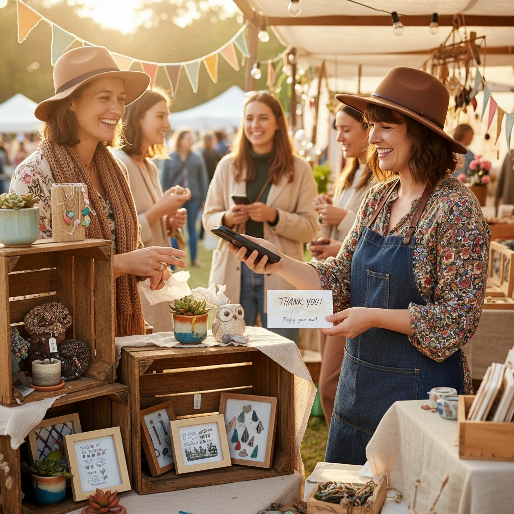 Customer using contactless payment at a craft fair, receiving a personalized thank you