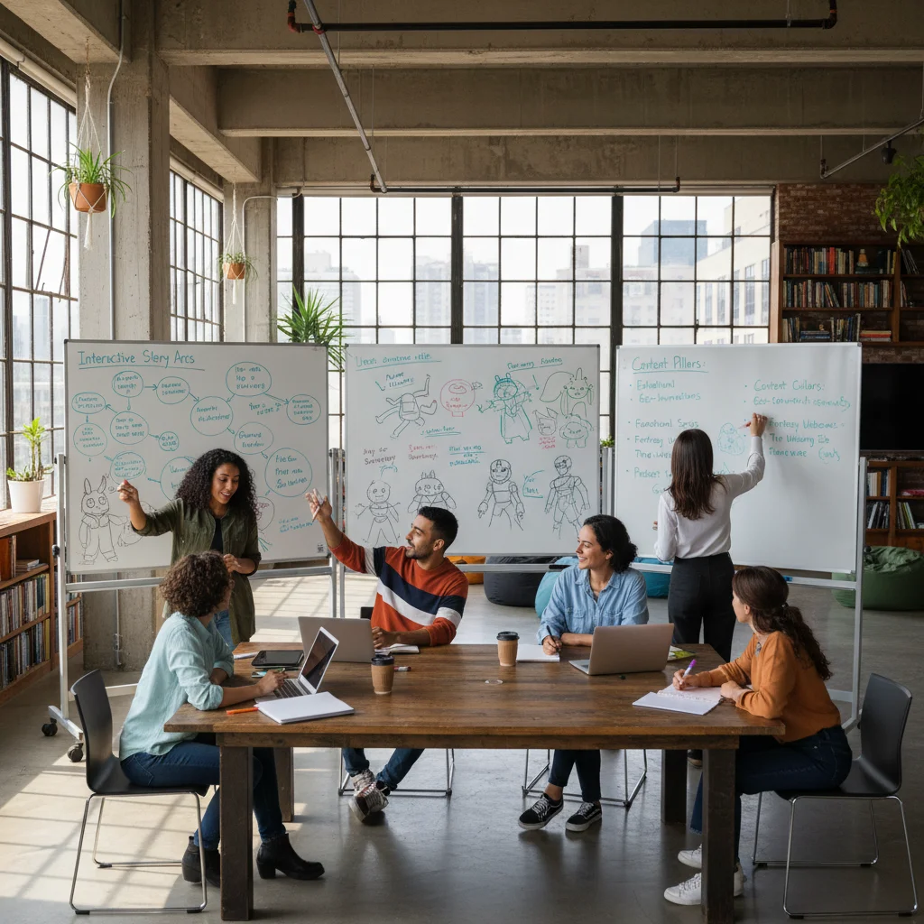 Diverse content creation team collaborating on storytelling ideas in a modern office.