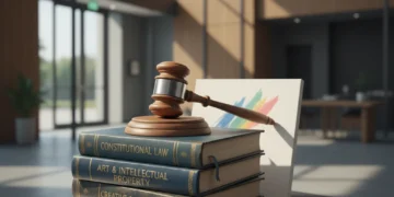 Copyright Law Updates 2026: Artist Protection & Infringement Defense Gavel, law books, paintbrush, and palette representing copyright law for artists.