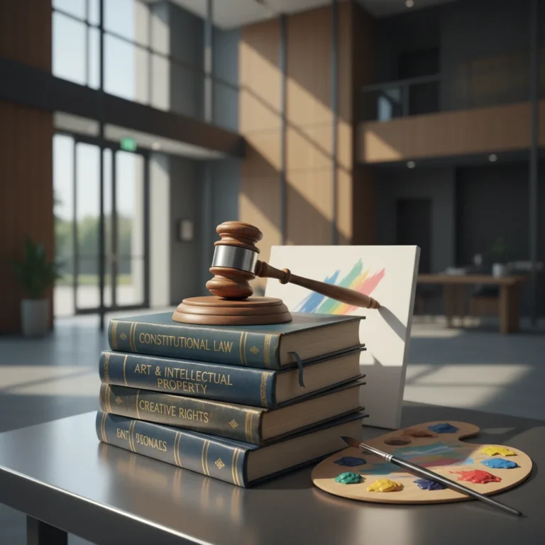 Gavel, law books, paintbrush, and palette representing copyright law for artists.