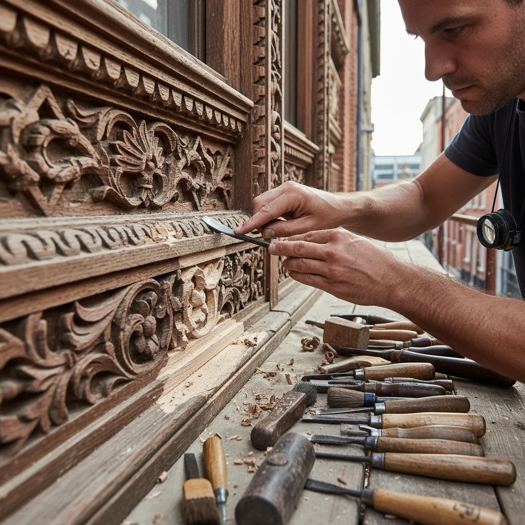 Craftsman restoring ornate wooden facade of historic building.