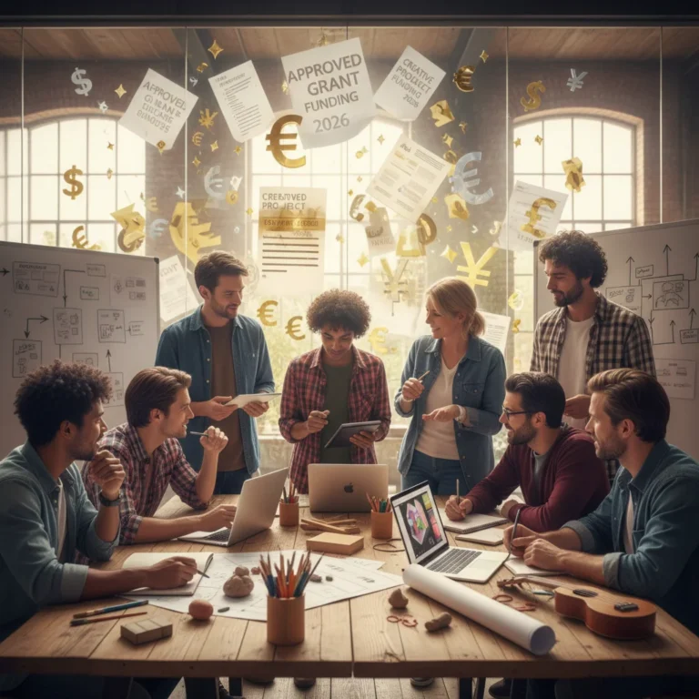 Diverse artists celebrating successful creative project funding applications