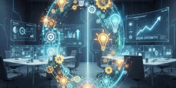 Illustration of gears and lightbulbs representing creative workflow optimization