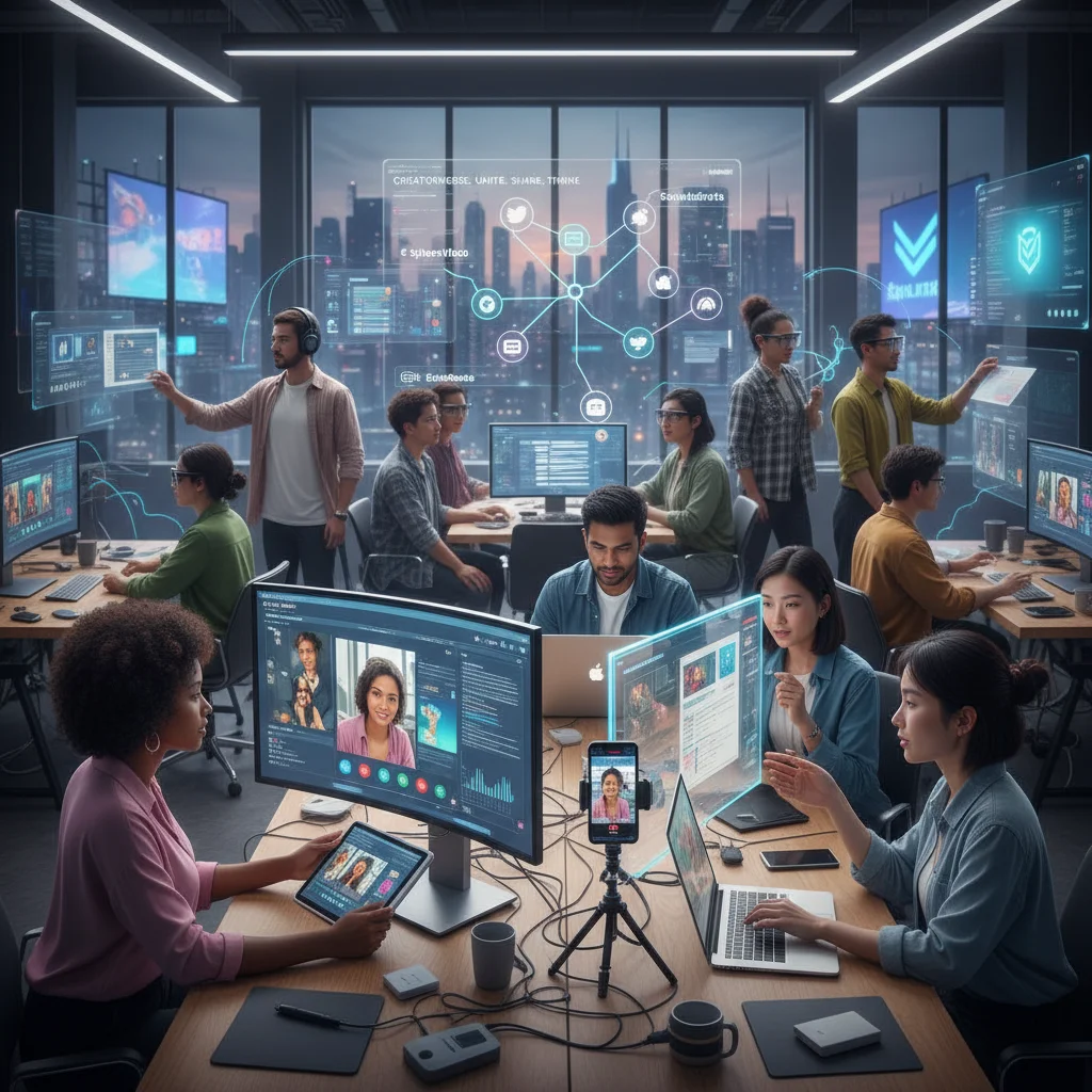 Diverse creators collaborating and networking across multiple digital platforms, emphasizing community building.