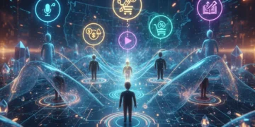 Creator Economy Platforms: US Entrepreneur Shifts 2026 Futuristic digital landscape with creators and diverse revenue streams, representing the evolving creator economy in the US.