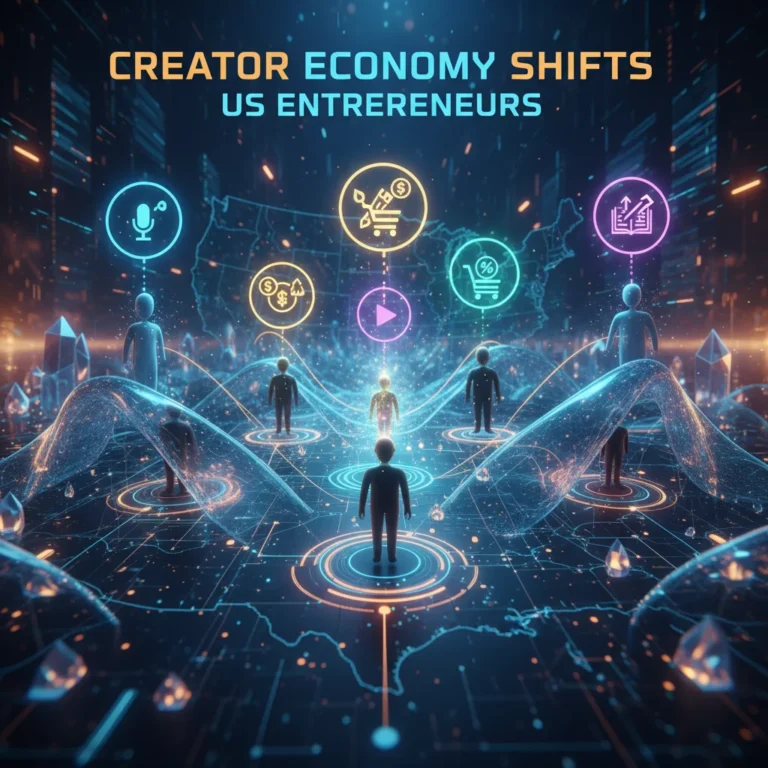 Futuristic digital landscape with creators and diverse revenue streams, representing the evolving creator economy in the US.