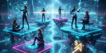 Futuristic digital landscape showing interconnected creator economy platforms and artistic income growth by 2026.